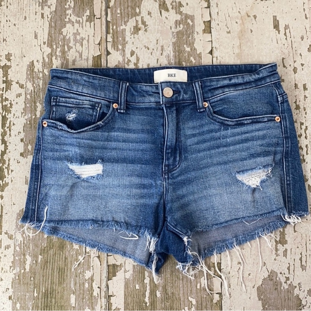 BKE denim PAYTON stretch distressed denim jean shorts.